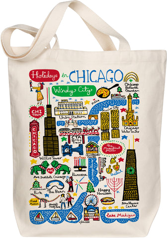 Holidays in Chicago Organic Cotton Tote Bag – Reusable Boutique Map Art Design by Julia Gash