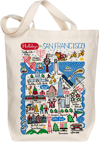 Holidays in San Francisco Organic Cotton Tote Bag – Reusable Boutique Map Art Design by Julia Gash