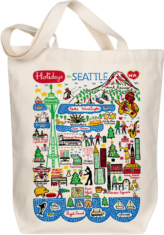 Holidays in Seattle Organic Cotton Tote Bag – Reusable Boutique Map Art Design by Julia Gash