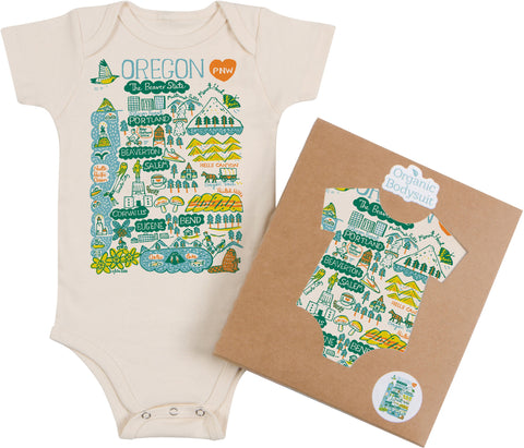 Oregon Map Art Baby Bodysuit or Toddler Tee – Organic Cotton (Evergreen)