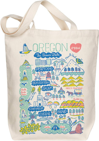 Oregon Map Art Organic Cotton Tote – Blue Edition, Illustrated by Julia