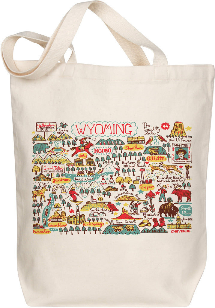 Wyoming Boutique Map Art Organic Cotton Tote Bag illustrated by Julia Gash